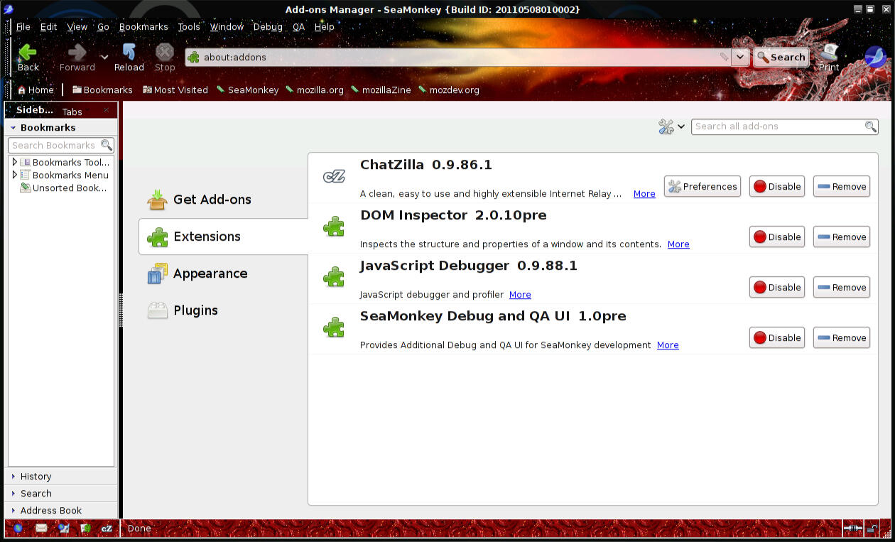 SeaMonkey Admistrador de Extensões