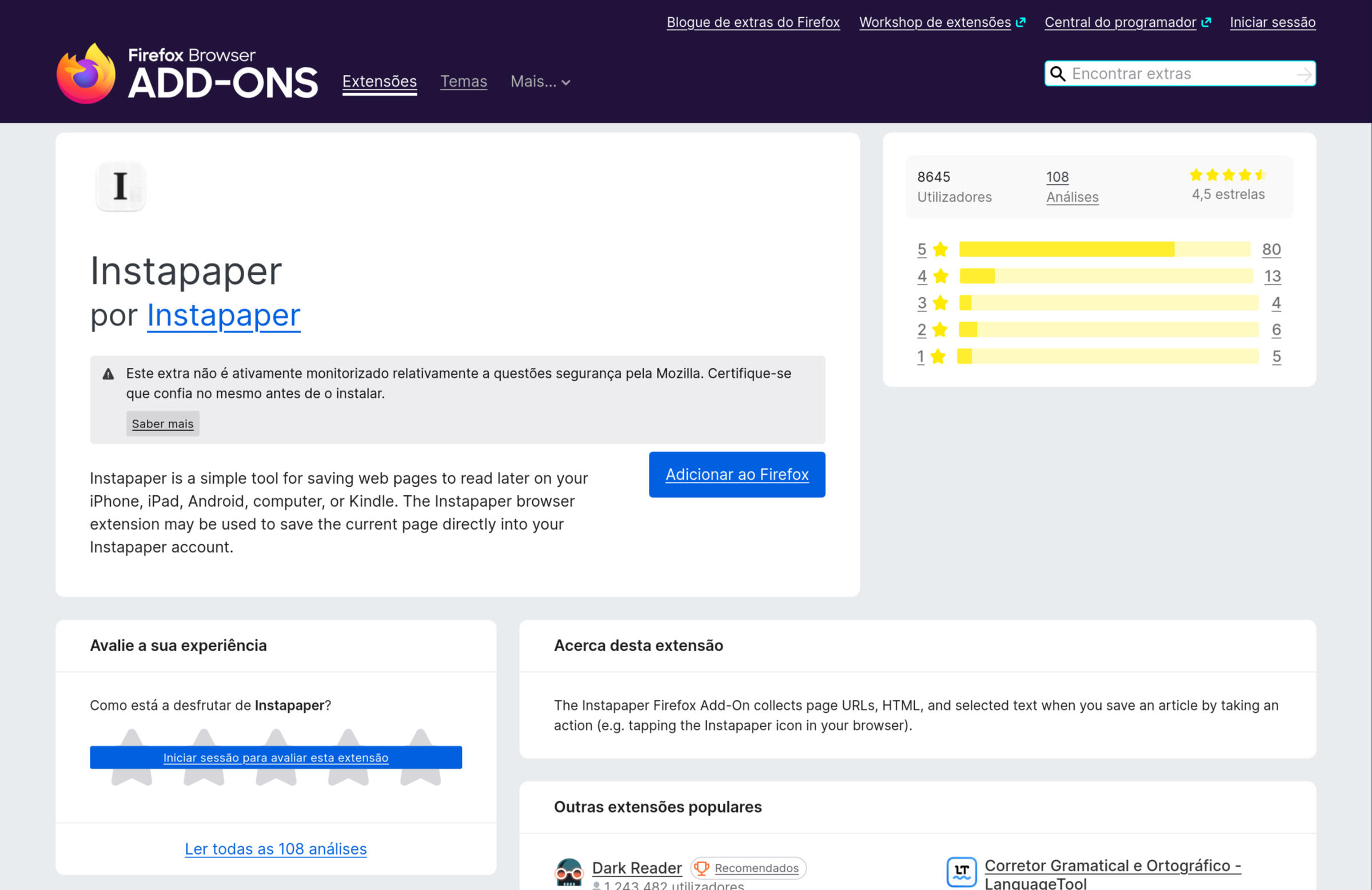 Imagem capturada no Firefox→Extensões→Instapaper