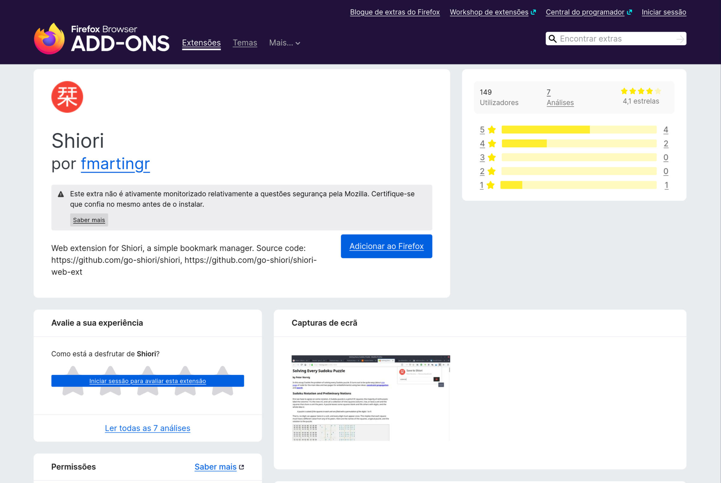Imagem capturada no Firefox→Extensões→Shiori