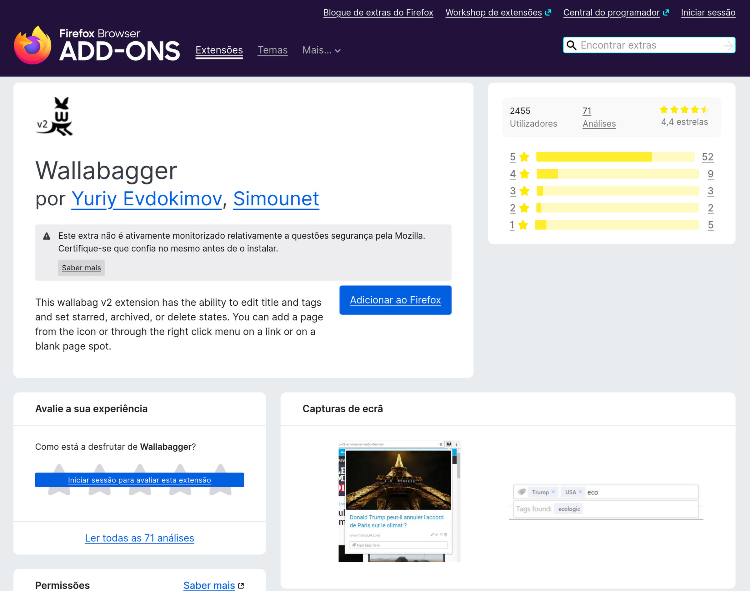 Imagem capturada no Firefox→Extensões→Wallabag